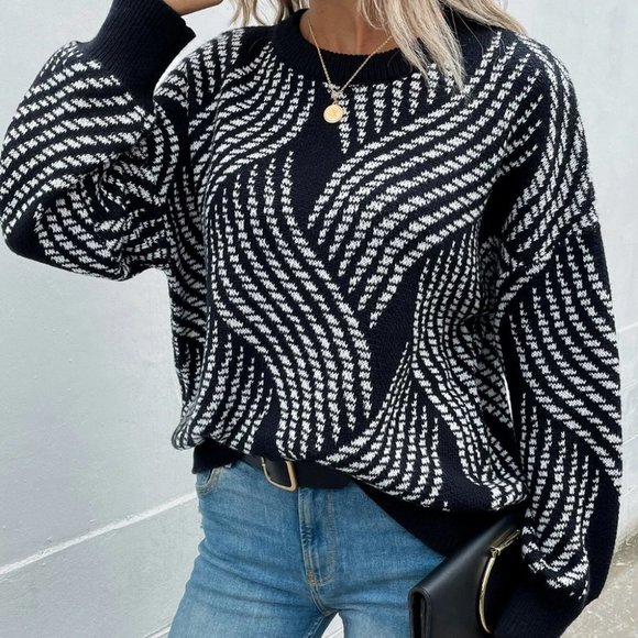Black and White Preppy Womens Allover Pattern Drop Shoulder Sweater - Picture 1 of 5